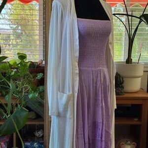 Uniqlo white cotton long sleeve button-up cardigan, knee length.